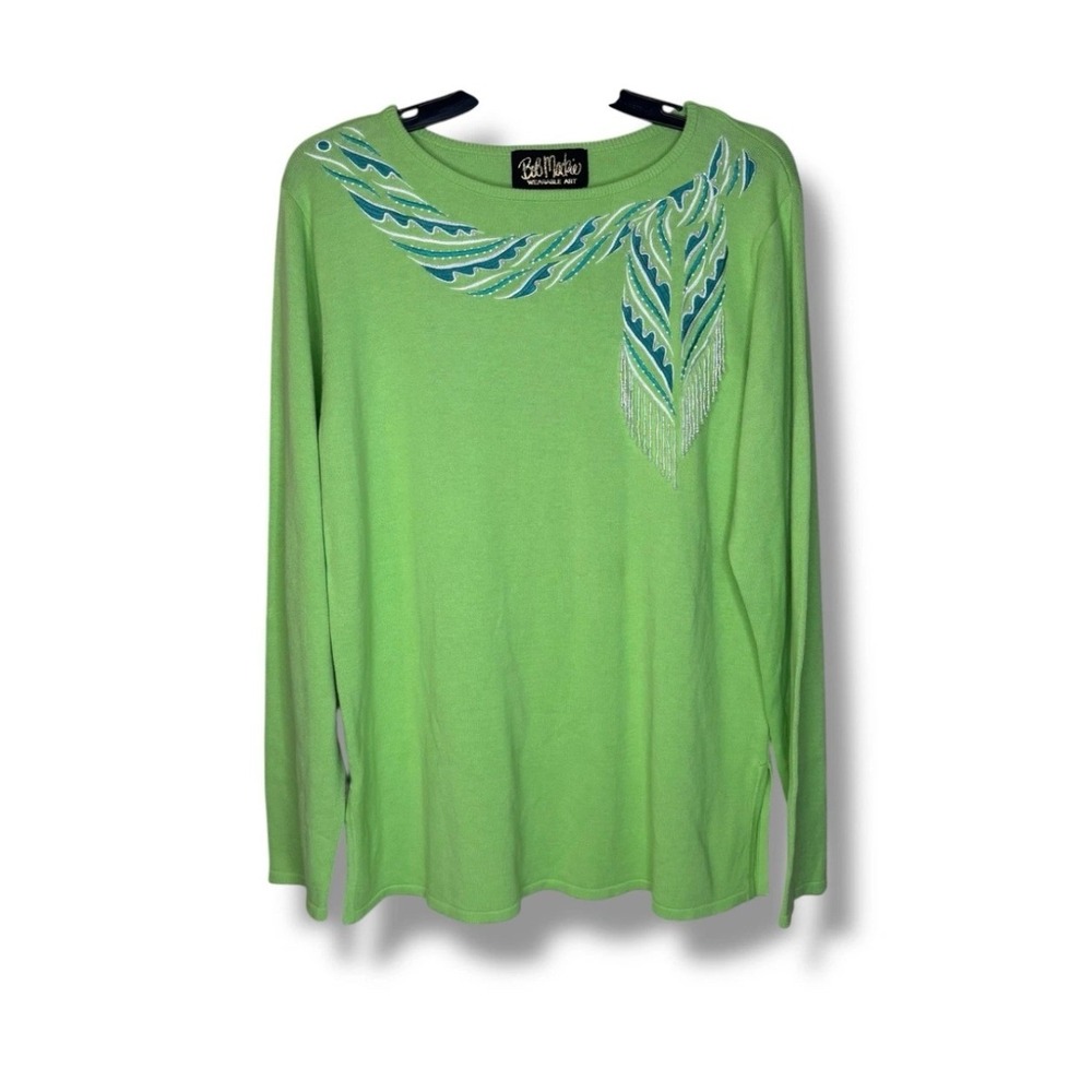 Bob Mackie Wearable Art Lime Green Beaded Feather Fringe Knit‎ Sweater Womens L